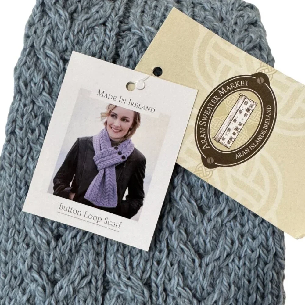 Aran Irish Button Loop Scarf 100% Merino Wool Cable Knit Scarf | Made in Ireland - Picture 5 of 7